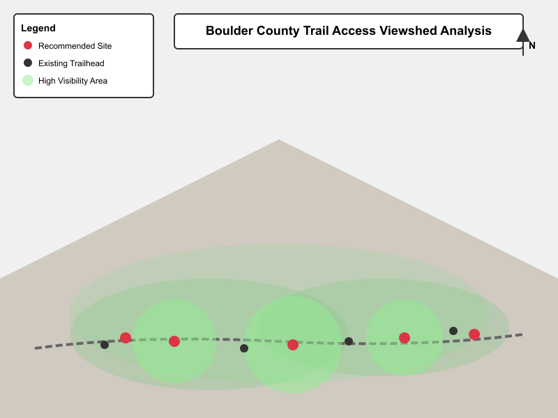 Viewshed analysis map showing visibility scores along Highway 119 corridor with five recommended trailhead locations marked